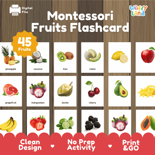 Montessori fruits flashcard printable early literacy and botany activity pack overview from Wuffy Land featuring 45 fruits 🍎🥥