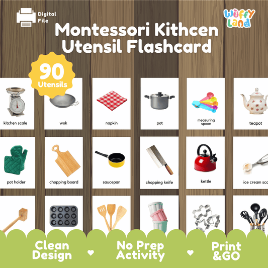 Montessori kitchen utensil flashcard printable practical life and vocabulary activity pack overview from Wuffy Land featuring 90 utensils 🍳🥄