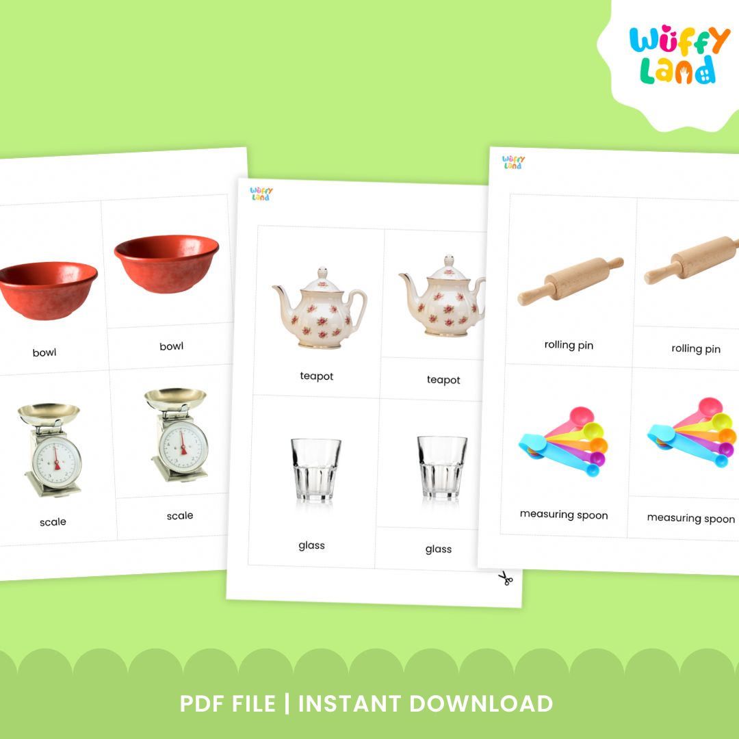 Montessori kitchen utensils nomenclature cards with realistic pictures and labels for hands-on vocabulary learning