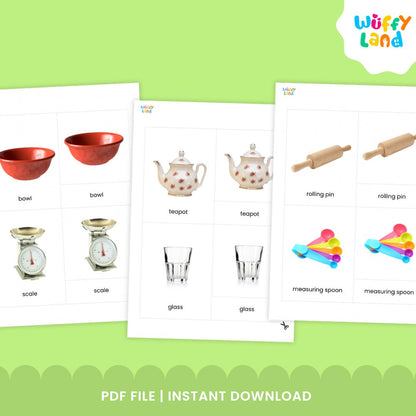 Montessori kitchen utensils nomenclature cards with realistic pictures and labels for hands-on vocabulary learning