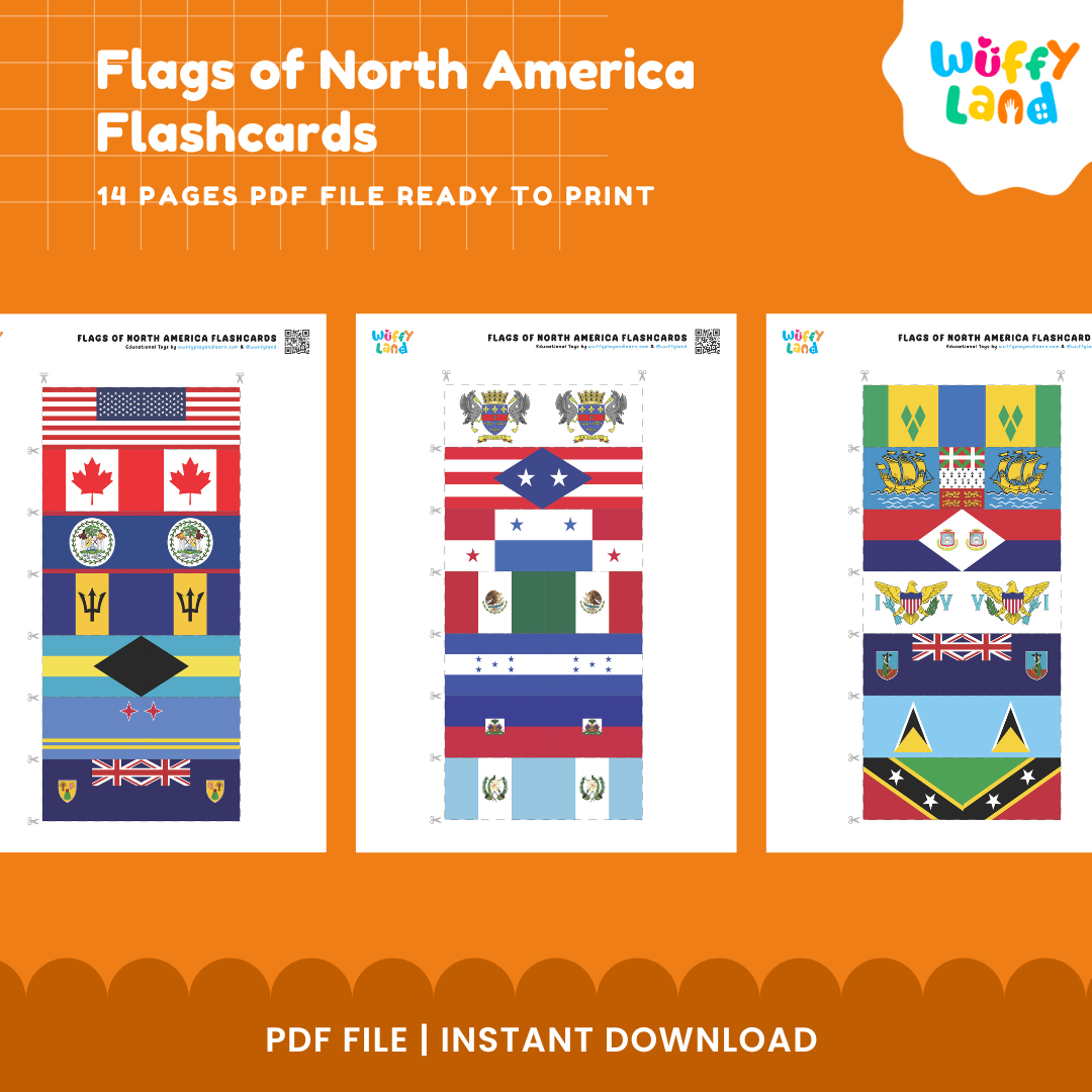Montessori North America flag cards with continent color borders for hands-on geography, flag recognition and country study