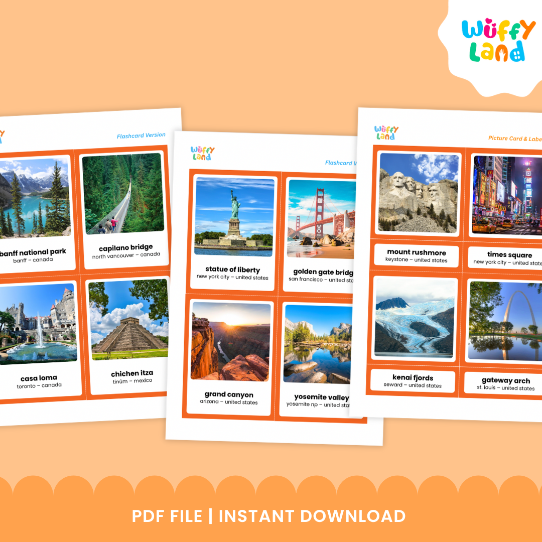 Montessori North America landmark flashcards with real pictures and labels for matching, vocabulary and continent studies