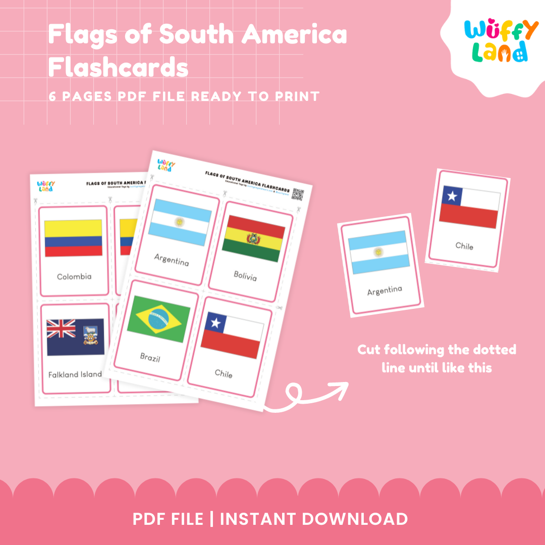 Montessori South America flag cards with continent color borders for hands-on geography, flag recognition and country study