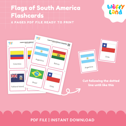 Montessori South America flag cards with continent color borders for hands-on geography, flag recognition and country study