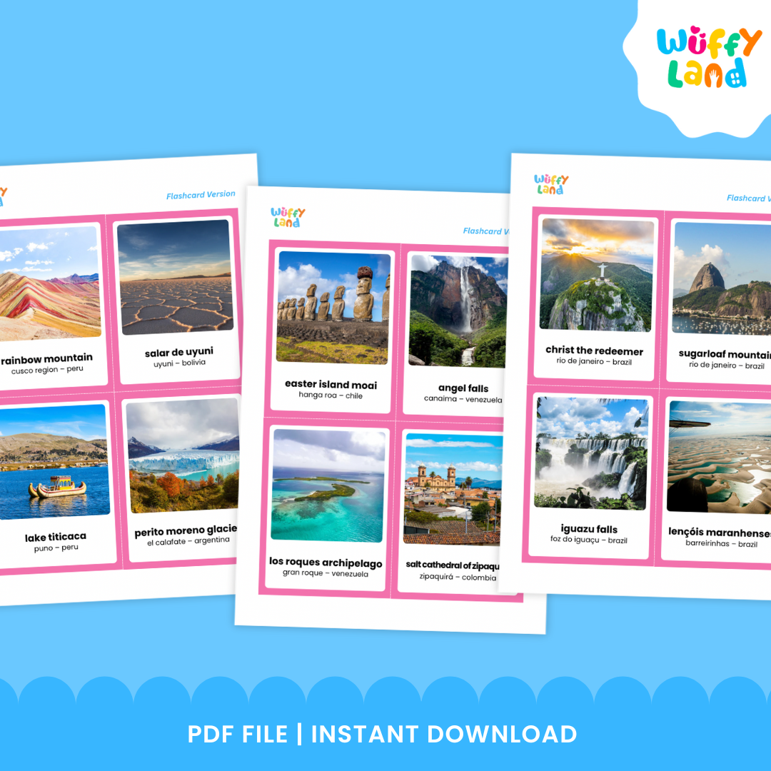Montessori South America landmark flashcards with real photos and labels for matching, vocabulary and continent studies