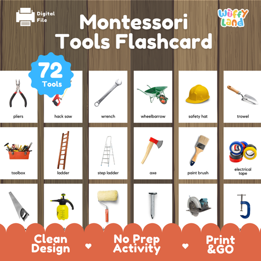 Printable Montessori tools flashcards featuring 72 tool vocabulary cards with real pictures for preschool and kindergarten learning
