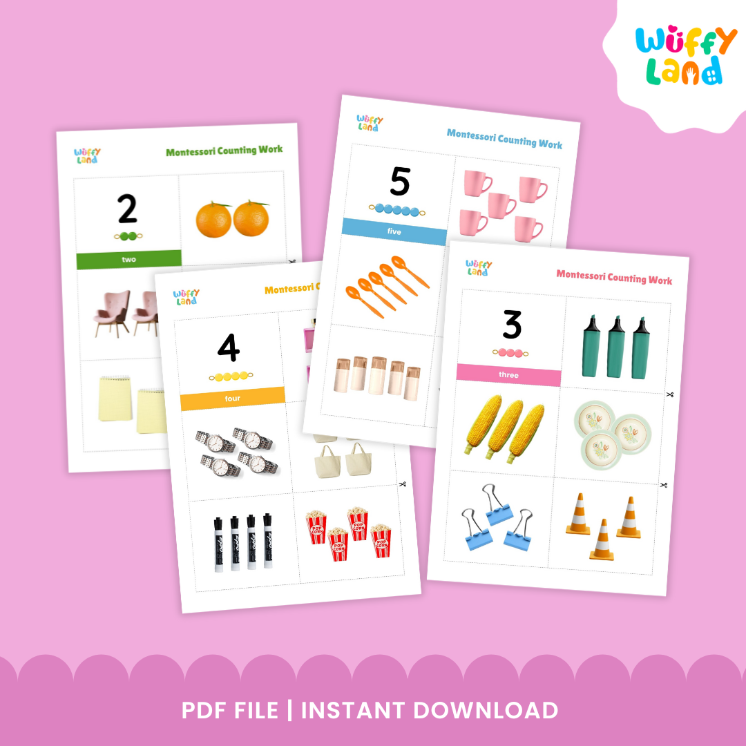 Two Montessori-inspired counting worksheets for numbers 4 and 5, featuring real-life object images such as cups, hats, perfume bottles, and popcorn. Each page includes number symbols, counting beads, and matching picture sets for hands-on learning.