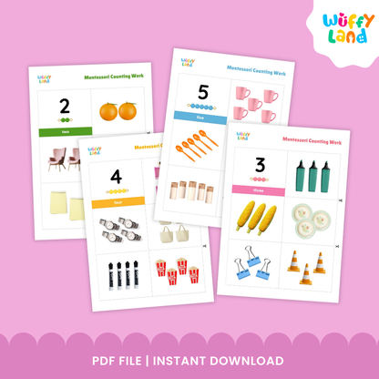 Two Montessori-inspired counting worksheets for numbers 4 and 5, featuring real-life object images such as cups, hats, perfume bottles, and popcorn. Each page includes number symbols, counting beads, and matching picture sets for hands-on learning.