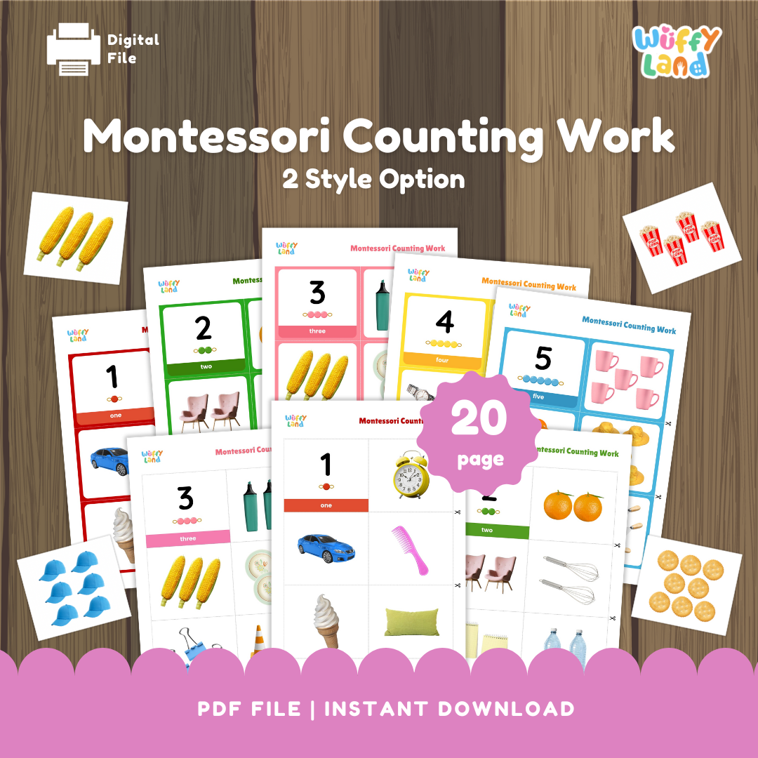 Set of Montessori-inspired counting worksheets featuring real-life object images for numbers 1 to 5. Includes two style options with colorful layouts and matching number words, dots, and items for hands-on number recognition and counting practice.