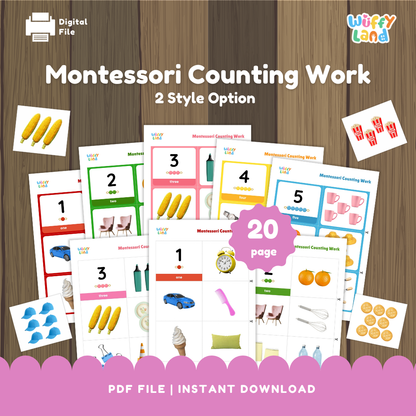 Set of Montessori-inspired counting worksheets featuring real-life object images for numbers 1 to 5. Includes two style options with colorful layouts and matching number words, dots, and items for hands-on number recognition and counting practice.