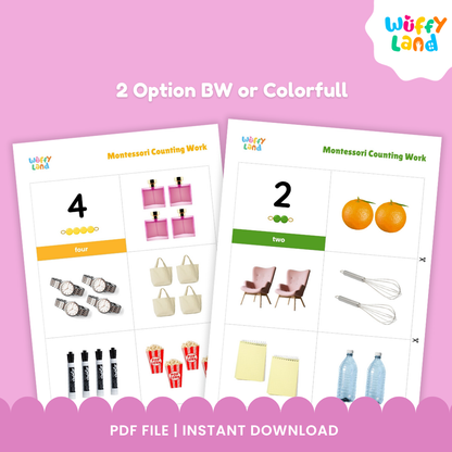 Two Montessori-inspired counting worksheets for numbers 4 and 5, featuring real-life object images such as cups, hats, perfume bottles, and popcorn. Each page includes number symbols, counting beads, and matching picture sets for hands-on learning.