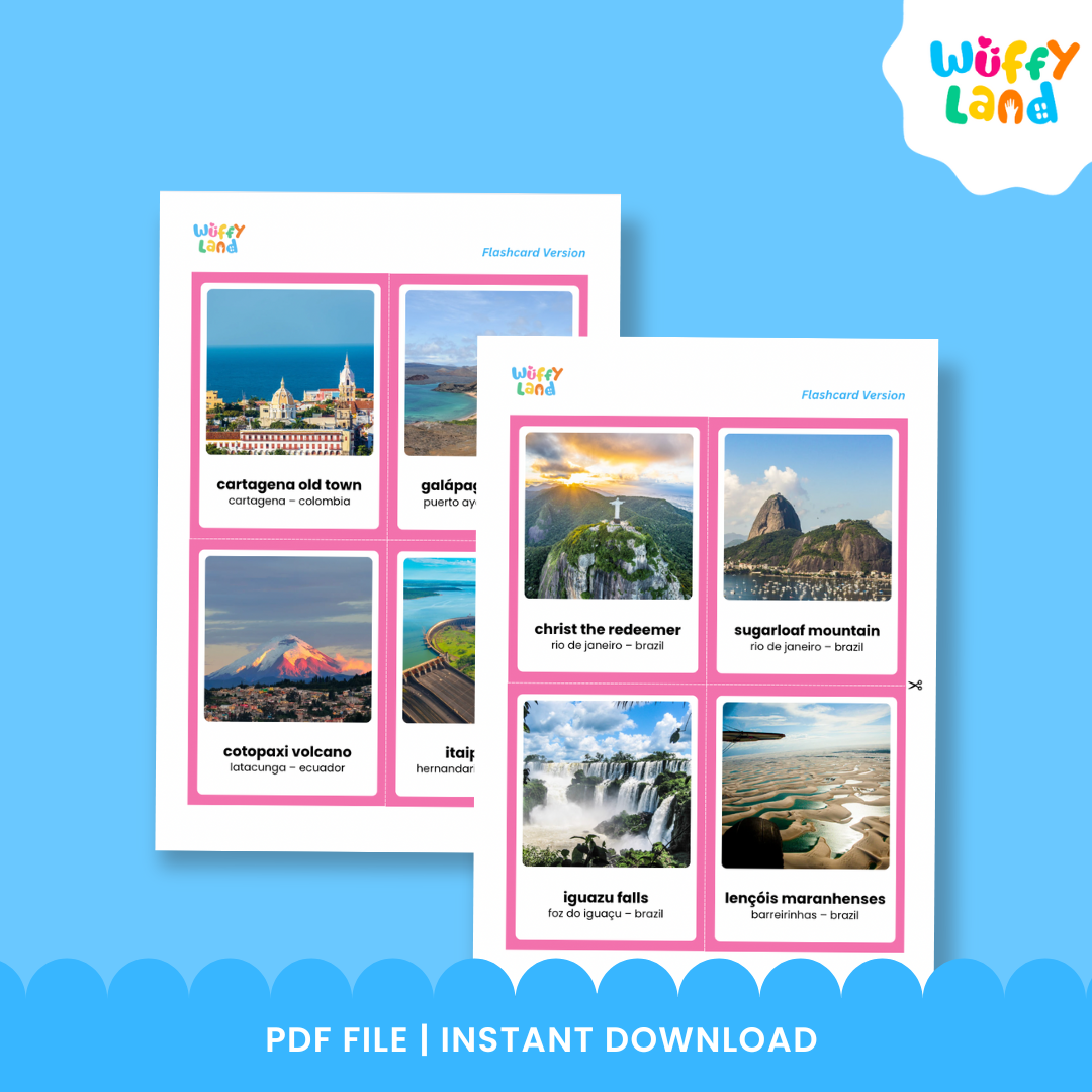 South America geography 3-part cards featuring famous natural and cultural landmarks from Peru, Brazil and other countries