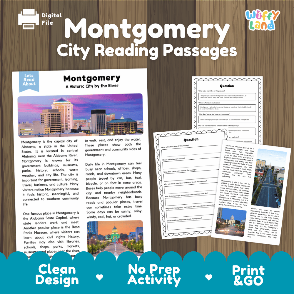 Montgomery city reading passages and comprehension worksheet educational unit featuring nonfiction text and authentic Montgomery Alabama skyline photography