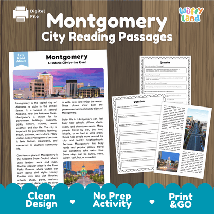 Montgomery city reading passages and comprehension worksheet educational unit featuring nonfiction text and authentic Montgomery Alabama skyline photography