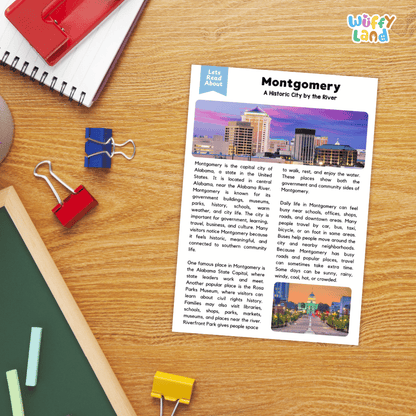 Lined reading comprehension question worksheet covering main ideas vocabulary terms and landmark facts about Montgomery Alabama
