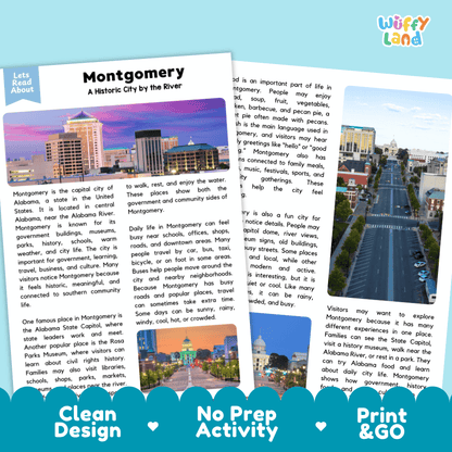 Reference sheet and answer key for Montgomery landmark reading passage displaying completed comprehension answers and United States geography facts