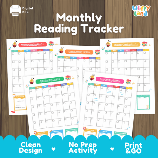 Monthly Reading Tracker for Kids printable calendar reading log and goal setting pack overview from Wuffy Land 📚📅