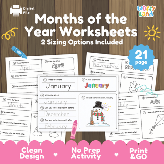 Months of the Year worksheets printable calendar literacy and handwriting activity pack overview from Wuffy Land featuring 21 pages and 2 sizing options 📅✏️