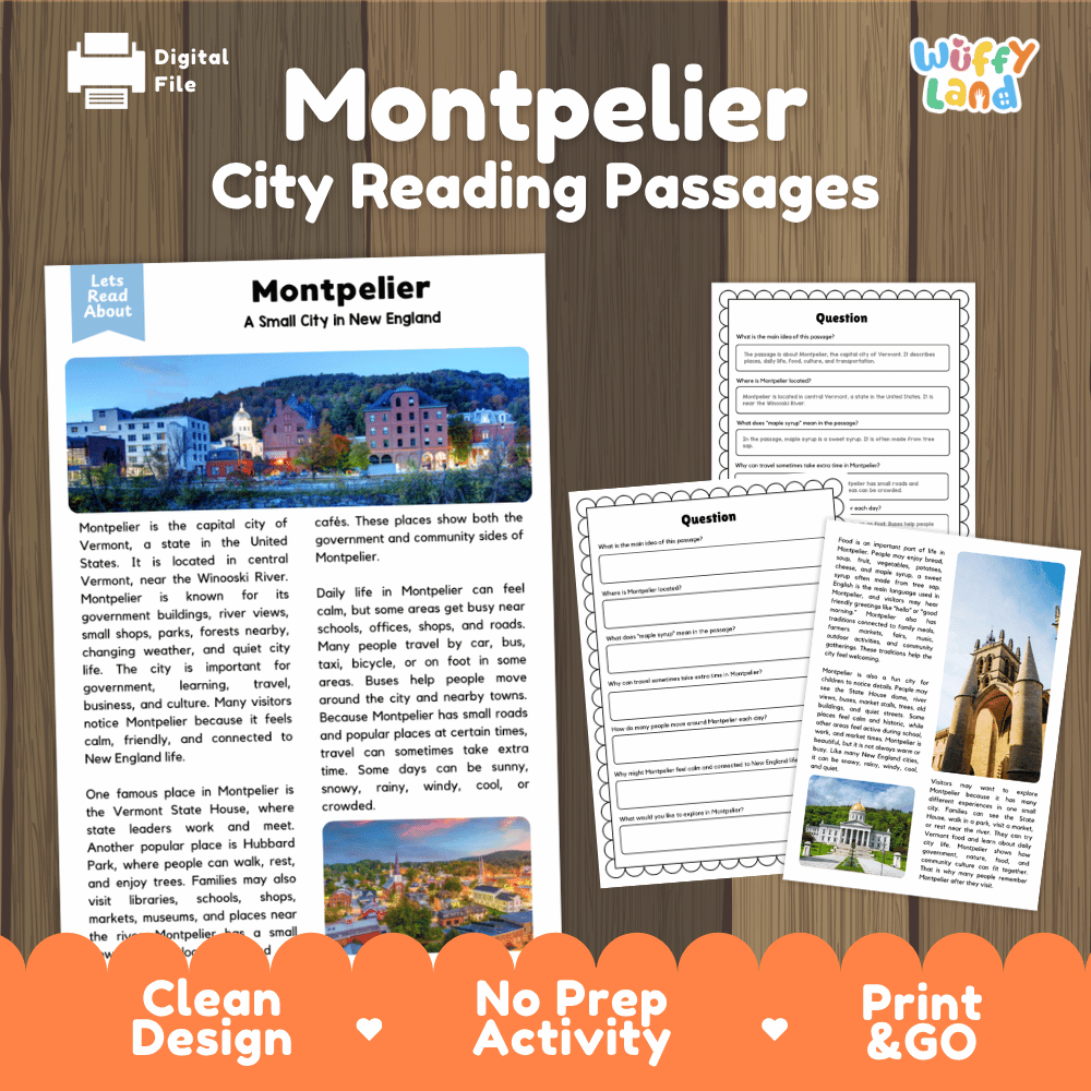 Montpelier city reading passages and comprehension worksheet educational unit featuring nonfiction text and authentic Montpelier Vermont capitol and river photography