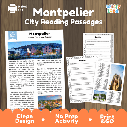 Montpelier city reading passages and comprehension worksheet educational unit featuring nonfiction text and authentic Montpelier Vermont capitol and river photography