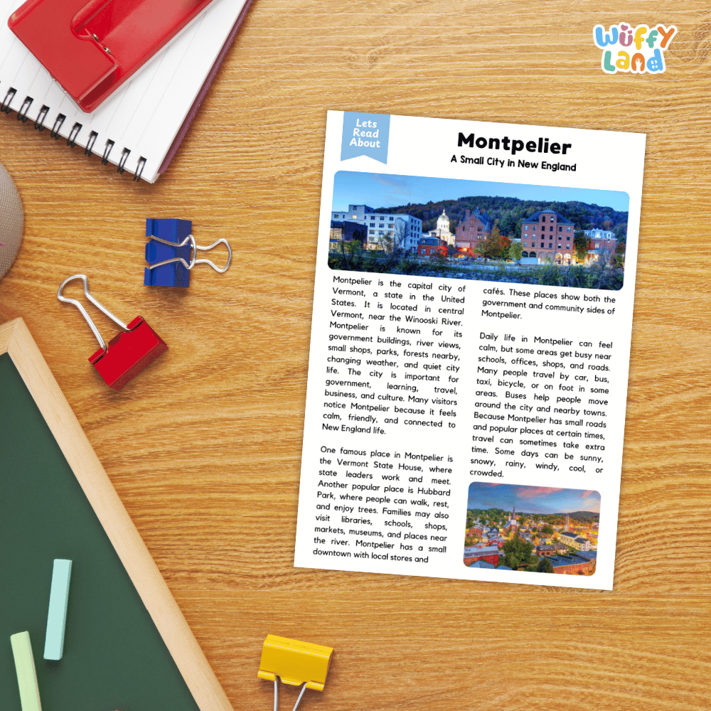 Lined reading comprehension question worksheet covering main ideas vocabulary terms and landmark facts about Montpelier Vermont