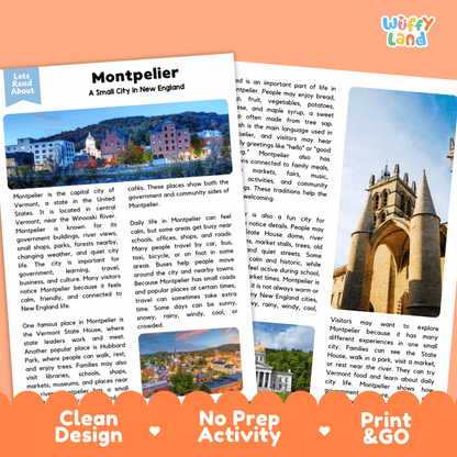 Reference sheet and answer key for Montpelier landmark reading passage displaying completed comprehension answers and United States geography facts