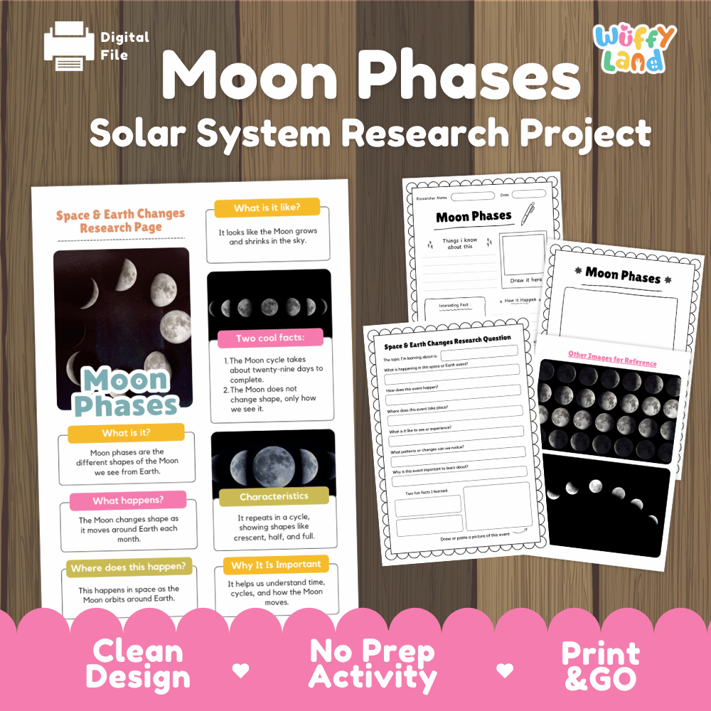 Moon Phases Solar System Research Project Worksheets and Fact Sheet