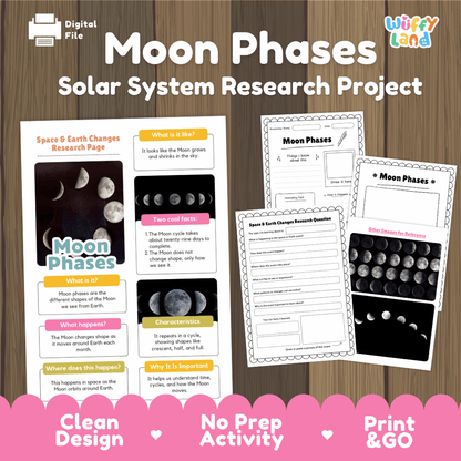 Moon Phases Solar System Research Project Worksheets and Fact Sheet
