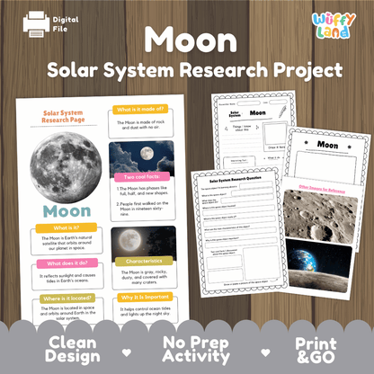Moon Solar System Research Project Worksheets and Fact Sheet