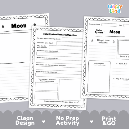 Moon Solar System Research Project Worksheets and Fact Sheet
