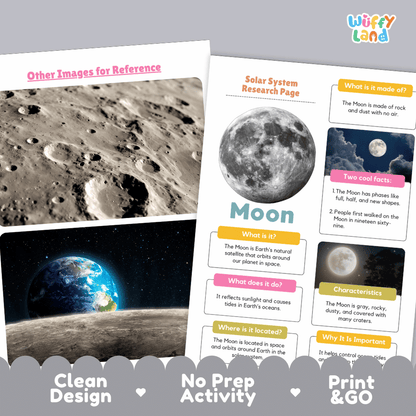 Moon-themed educational activity sheets from Wiffly Land, featuring a 'Solar System Research Page' with a moon image and text, and a reference sheet with a moon and Earth photo. The sheets are displayed on a white background with a gray decorative banner at the bottom reading 'Clean Design', 'No Prep Activity', and 'Print & GO'.
