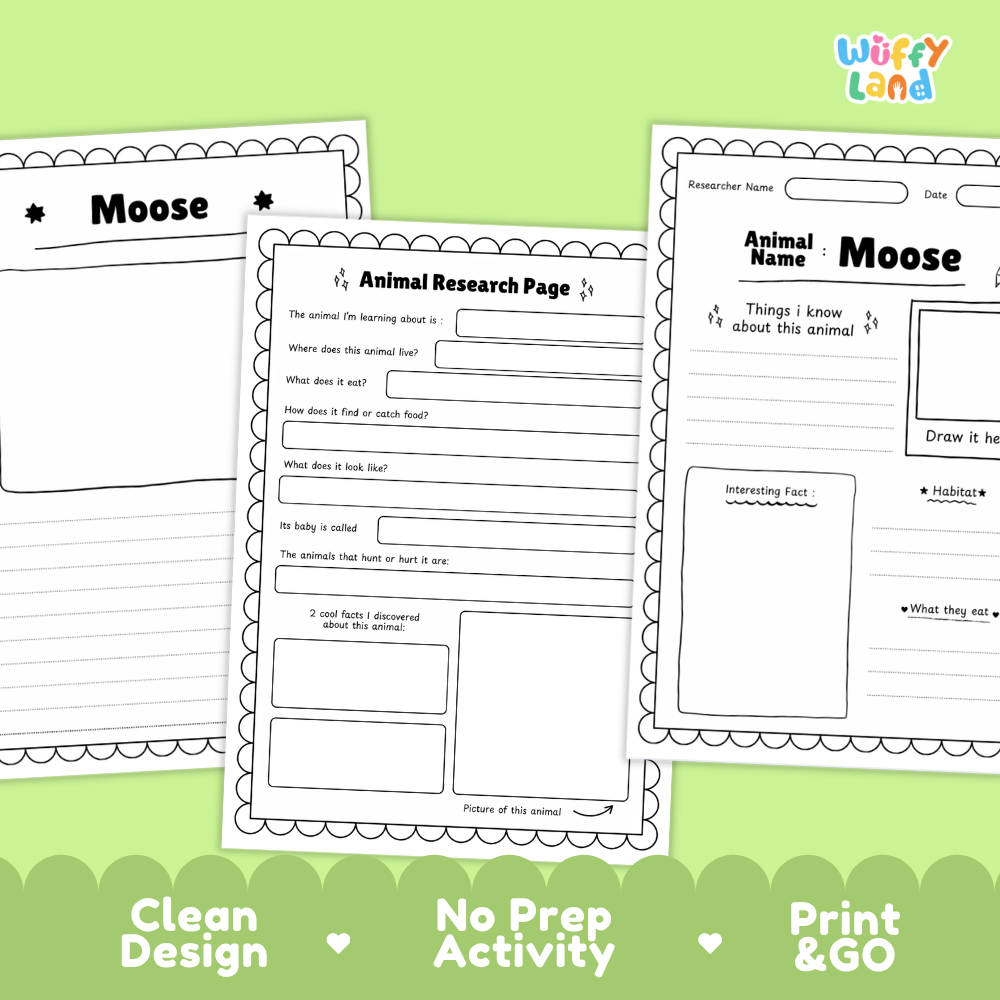 Moose Animal Research Project Worksheets and Fact Sheet