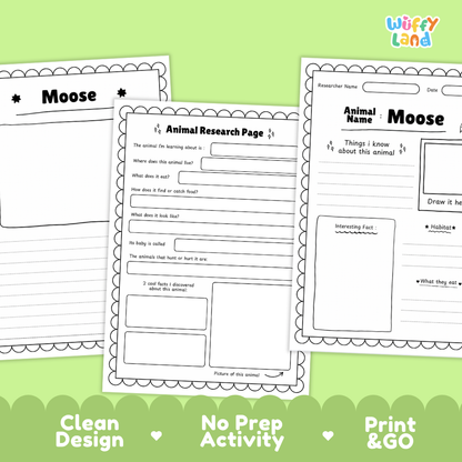 Moose Animal Research Project Worksheets and Fact Sheet