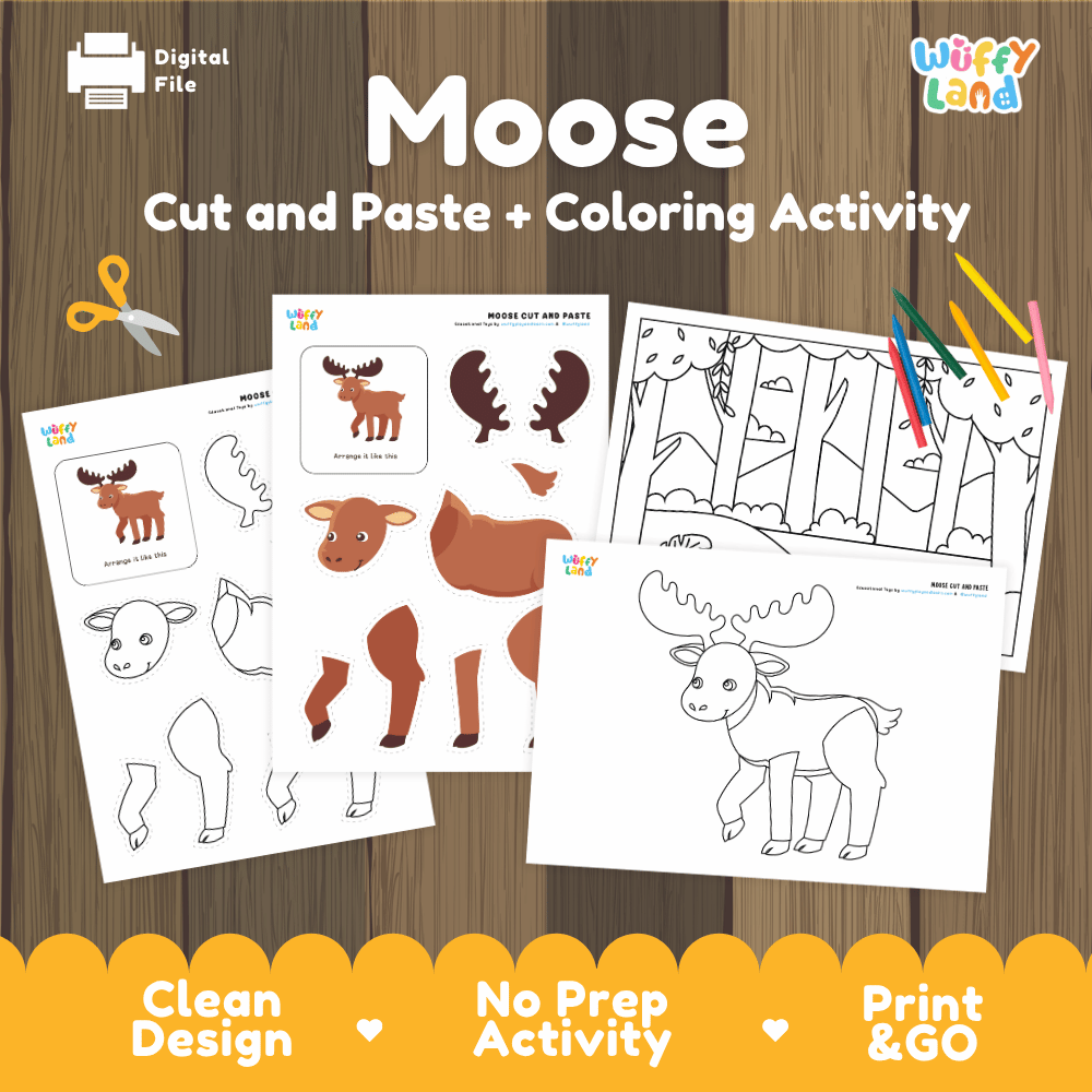 Moose Cut and Paste Craft and Coloring Activity Worksheets