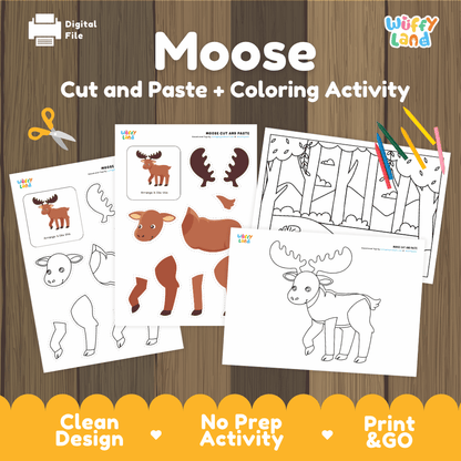 Moose Cut and Paste Craft and Coloring Activity Worksheets