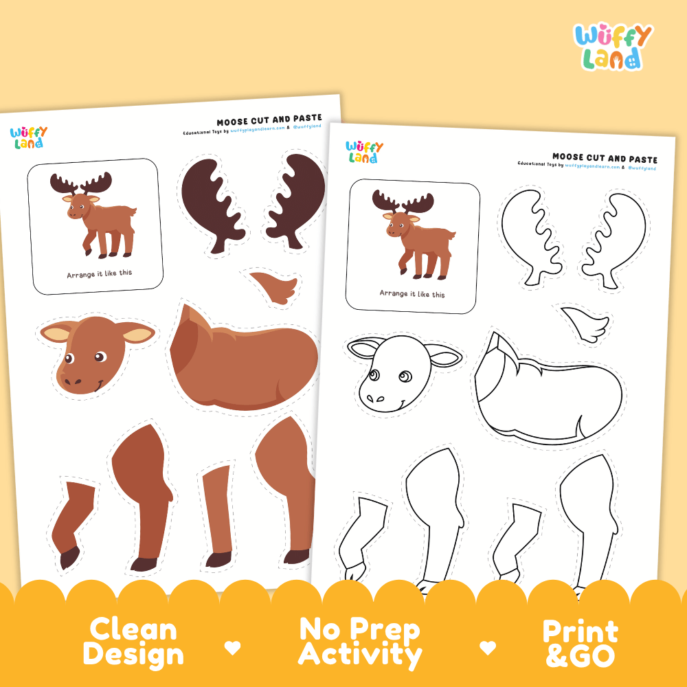 Moose Cut and Paste Craft and Coloring Activity Worksheets