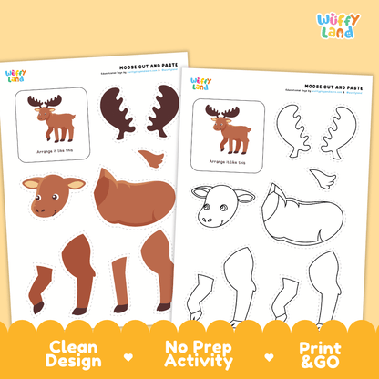 Moose Cut and Paste Craft and Coloring Activity Worksheets