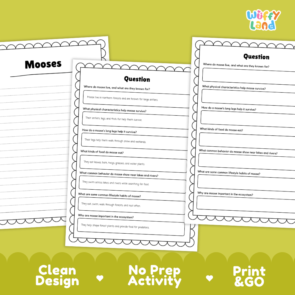 Moose Reading Passage and Comprehension Questions Worksheets