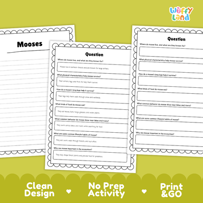 Moose Reading Passage and Comprehension Questions Worksheets