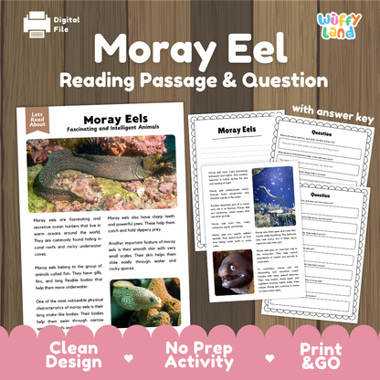 Digital reading activity bundle for 'Moray Eel' featuring a reading passage, comprehension questions, and an answer key, displayed on a wood background with promotional text.