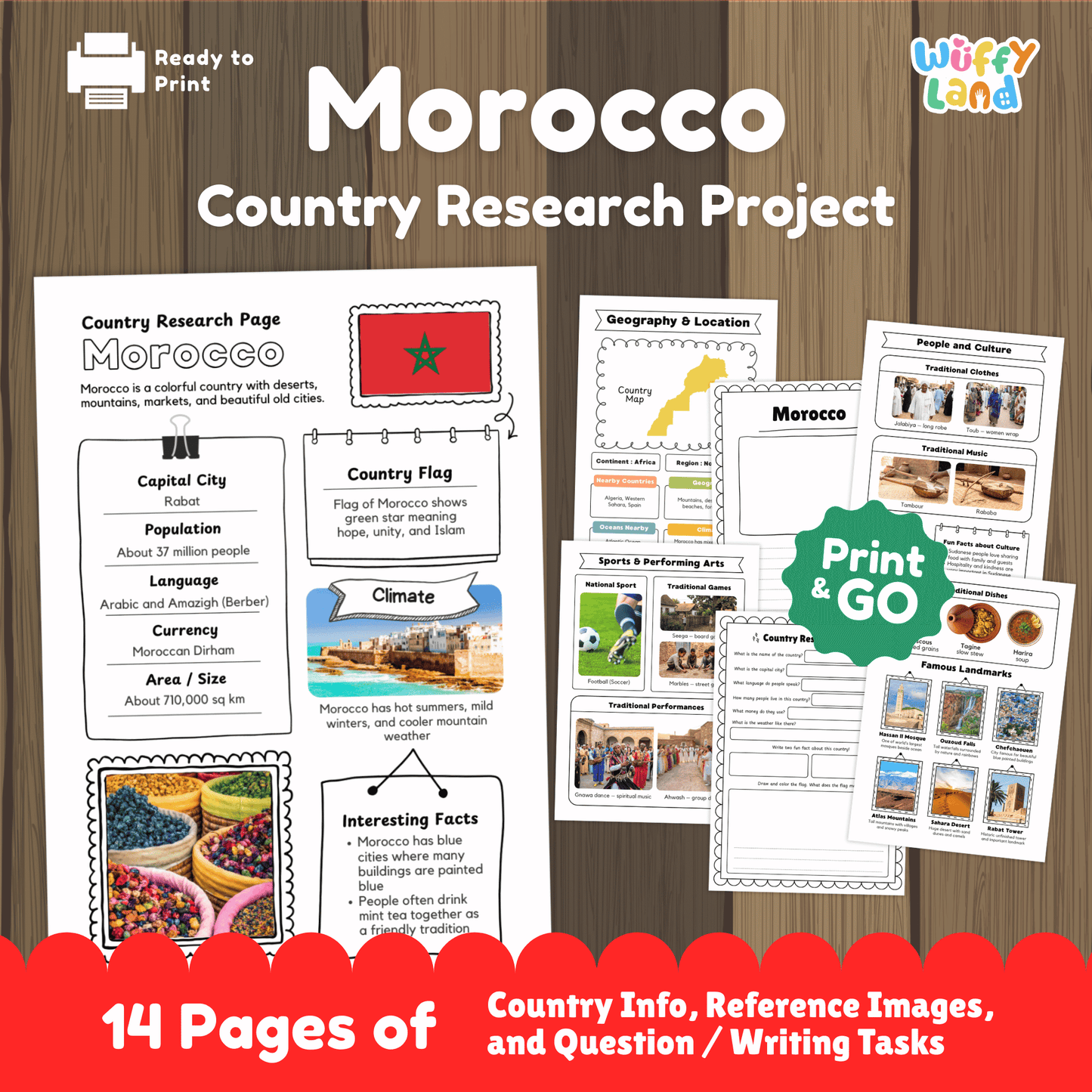 A country research project for Morocco, featuring details about the capital city, population, language, currency, and climate. It also includes sections on traditional clothes, music, sports, famous landmarks, and a map of the country. Fun facts about the culture and geography are provided, along with a space for students to write about the country.