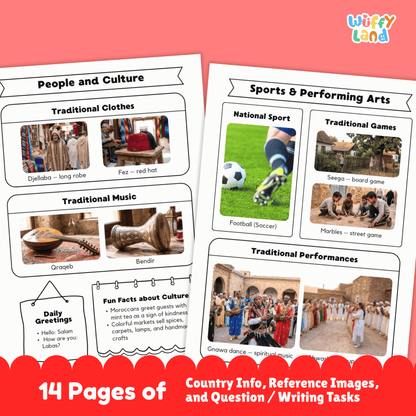 A country research project for Morocco, featuring details about the capital city, population, language, currency, and climate. It also includes sections on traditional clothes, music, sports, famous landmarks, and a map of the country. Fun facts about the culture and geography are provided, along with a space for students to write about the country.