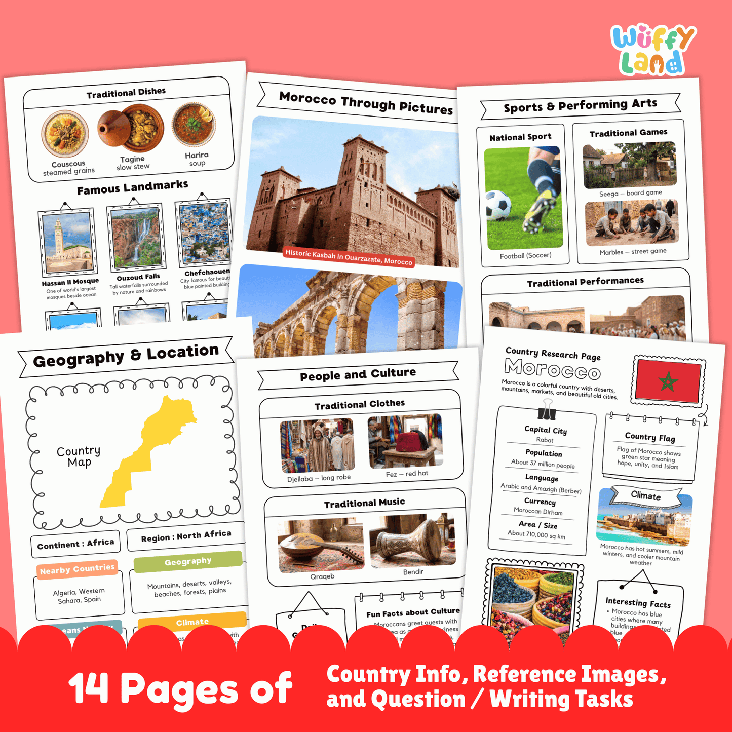 A country research project for Morocco, featuring details about the capital city, population, language, currency, and climate. It also includes sections on traditional clothes, music, sports, famous landmarks, and a map of the country. Fun facts about the culture and geography are provided, along with a space for students to write about the country.