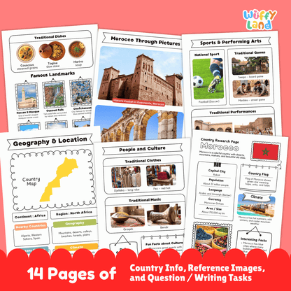 A country research project for Morocco, featuring details about the capital city, population, language, currency, and climate. It also includes sections on traditional clothes, music, sports, famous landmarks, and a map of the country. Fun facts about the culture and geography are provided, along with a space for students to write about the country.
