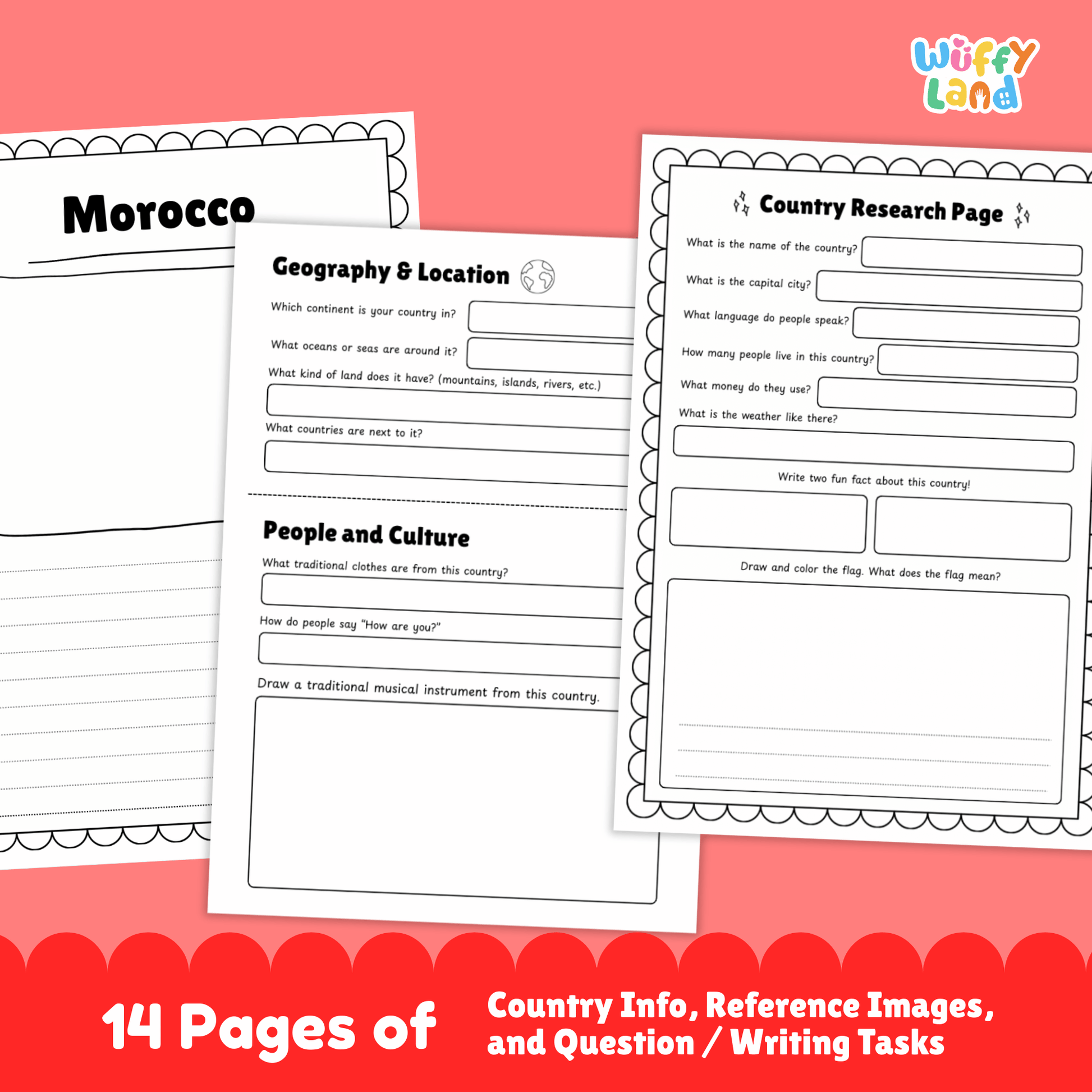 A country research project for Morocco, featuring details about the capital city, population, language, currency, and climate. It also includes sections on traditional clothes, music, sports, famous landmarks, and a map of the country. Fun facts about the culture and geography are provided, along with a space for students to write about the country.