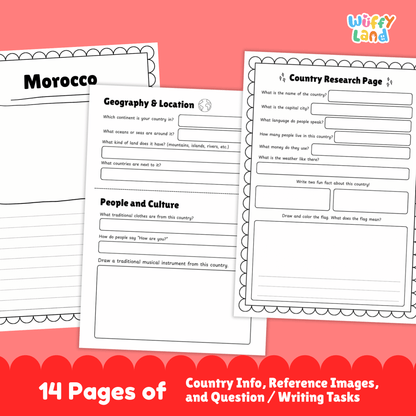 A country research project for Morocco, featuring details about the capital city, population, language, currency, and climate. It also includes sections on traditional clothes, music, sports, famous landmarks, and a map of the country. Fun facts about the culture and geography are provided, along with a space for students to write about the country.