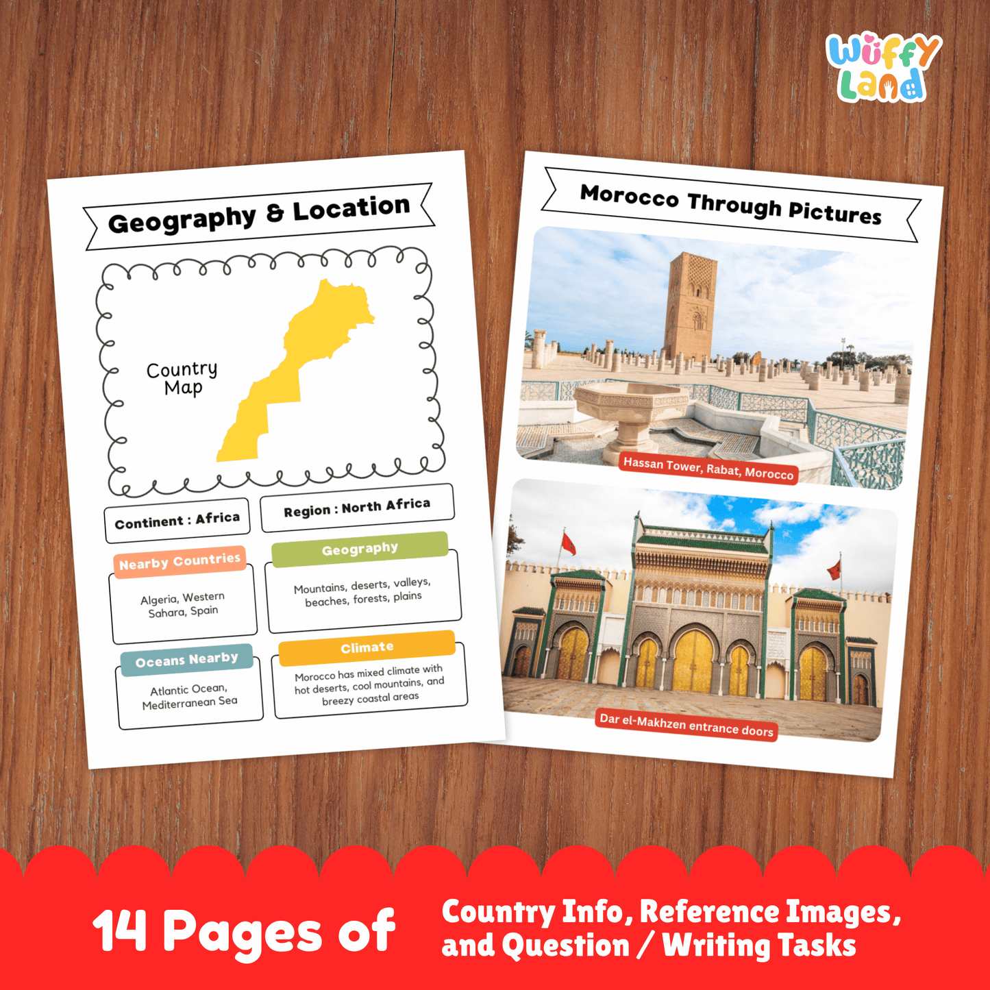 A country research project for Morocco, featuring details about the capital city, population, language, currency, and climate. It also includes sections on traditional clothes, music, sports, famous landmarks, and a map of the country. Fun facts about the culture and geography are provided, along with a space for students to write about the country.