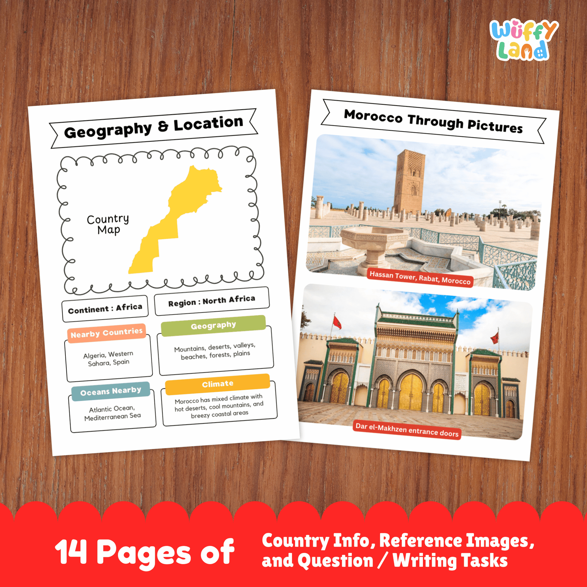 A country research project for Morocco, featuring details about the capital city, population, language, currency, and climate. It also includes sections on traditional clothes, music, sports, famous landmarks, and a map of the country. Fun facts about the culture and geography are provided, along with a space for students to write about the country.