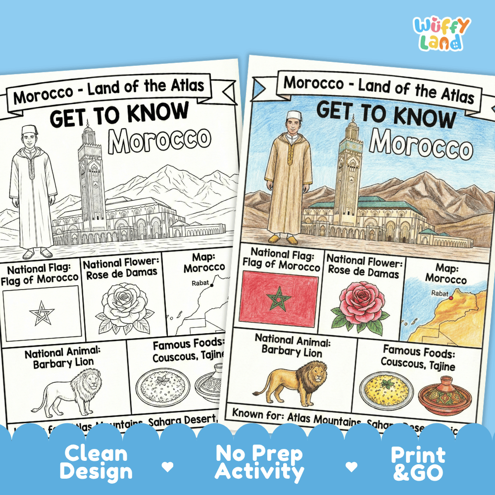 Morocco Geography Coloring Poster and Fact Sheet Printable Worksheets