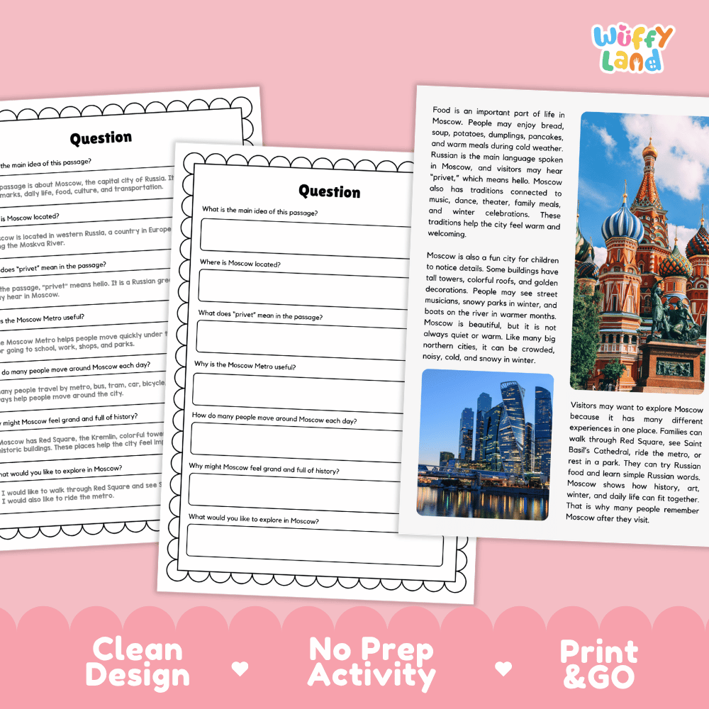 Student reading passage titled A City of Colorful Towers detailing Moscow Russia Saint Basil Cathedral Red Square and Kremlin photography